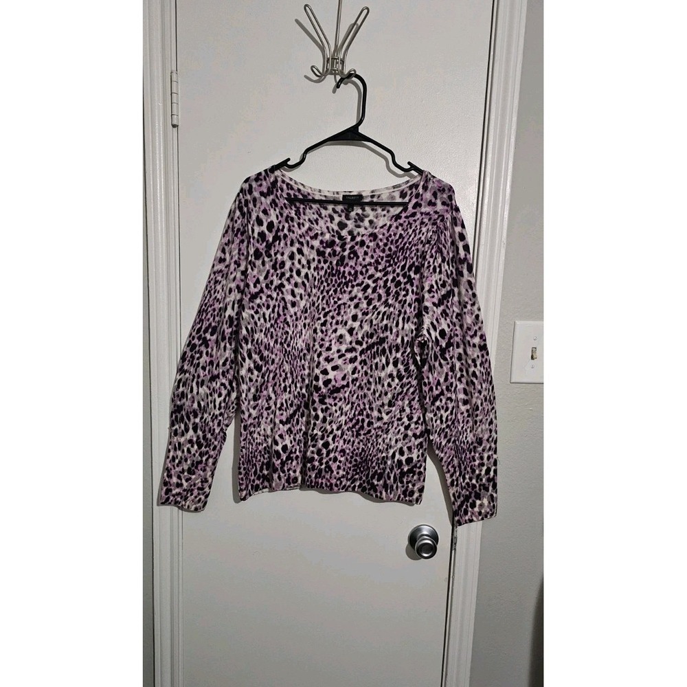 Talbots Leopard Merino Wool Sweater Women's Size XL Puff Shoulders Scoop Neck